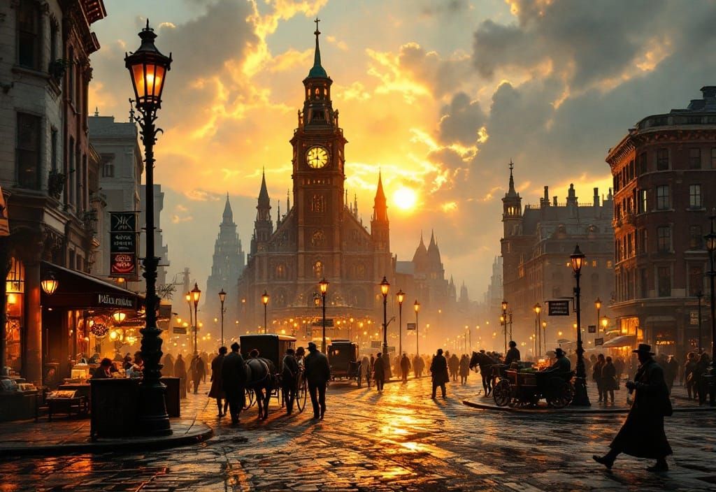 Lively 1850s City Intersection at Golden Hour