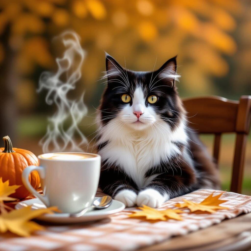 Black and White Cat Serves Cappuccino in Autumn Scene
