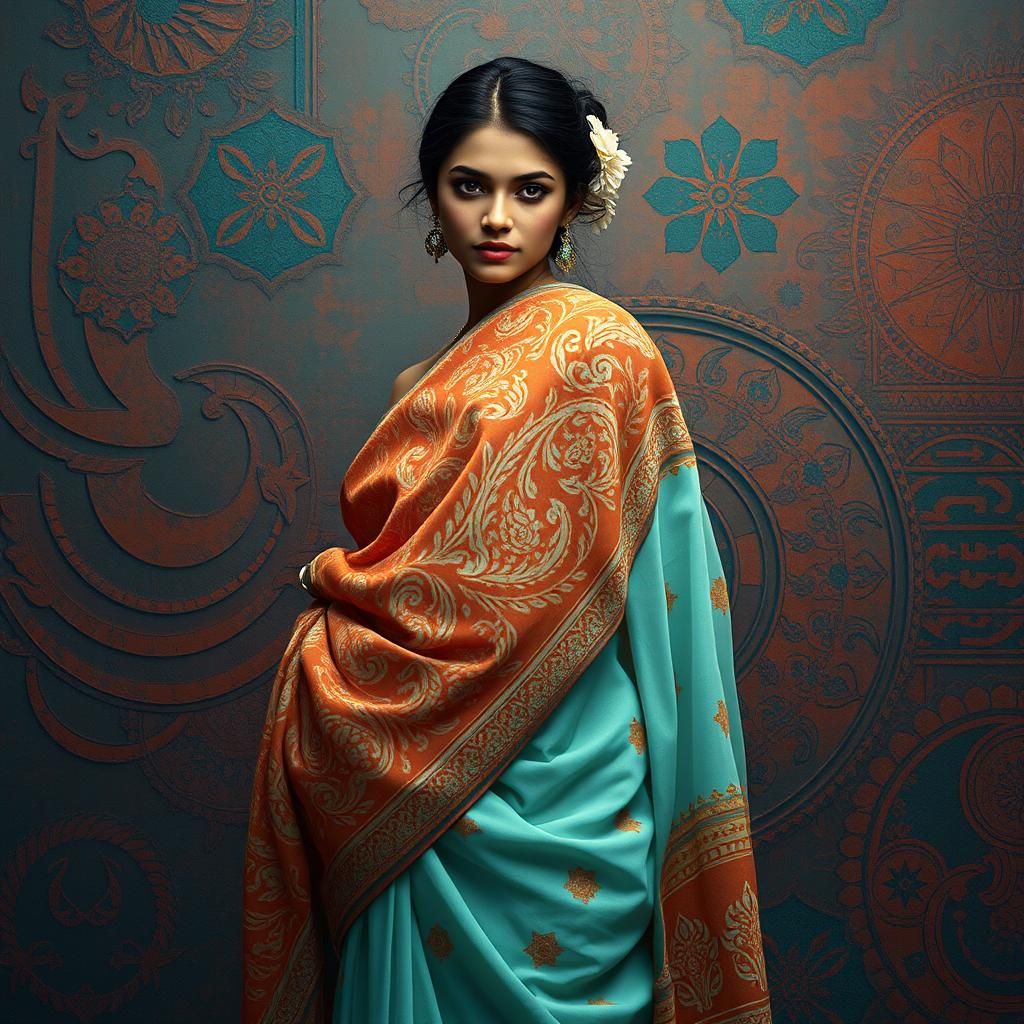 Woman in Vibrant Saree: Fantasy Concept Art