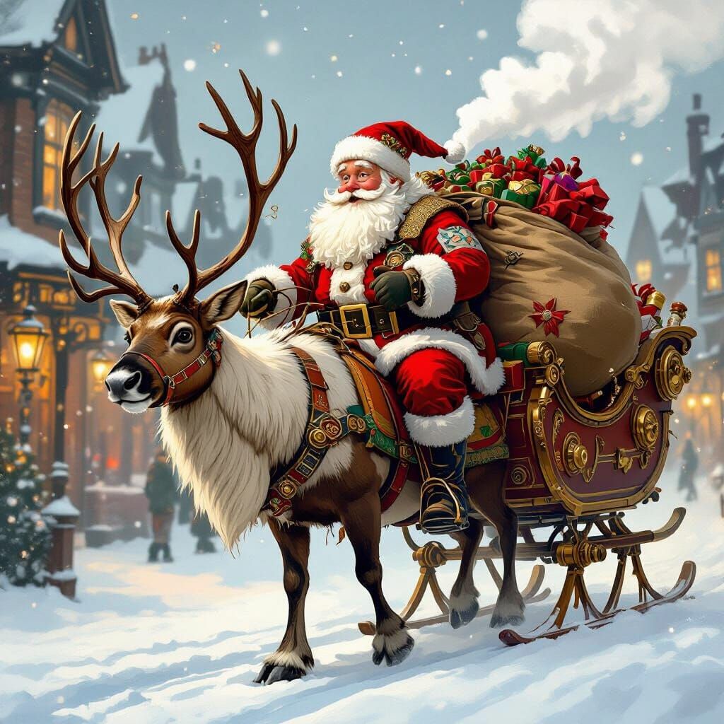 Santa's sleigh broke down. He has to ride a reindeer around ...