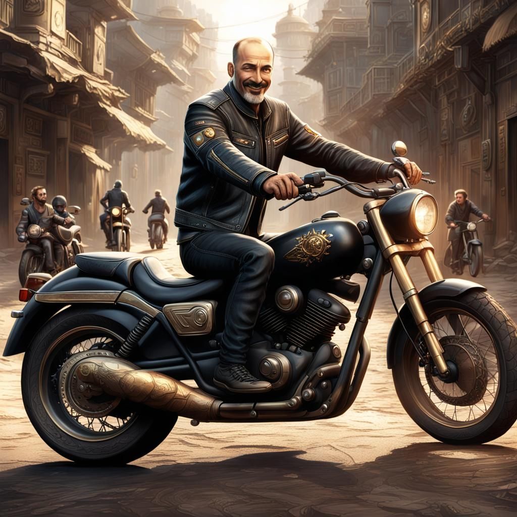 Smiling Man on Motorcycle: Fantasy Concept Art