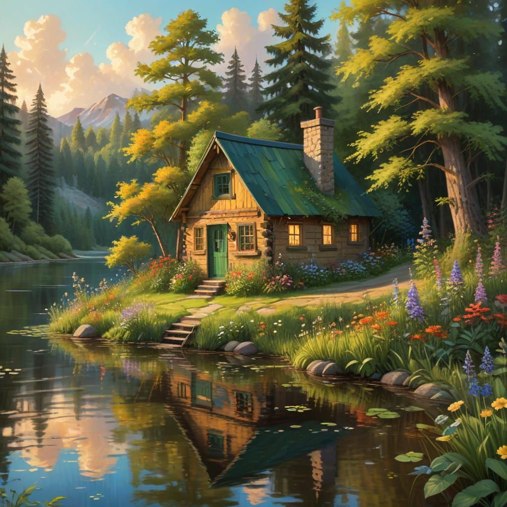 Adorable Cabin by Lake in Sunlit Whimsical Woods