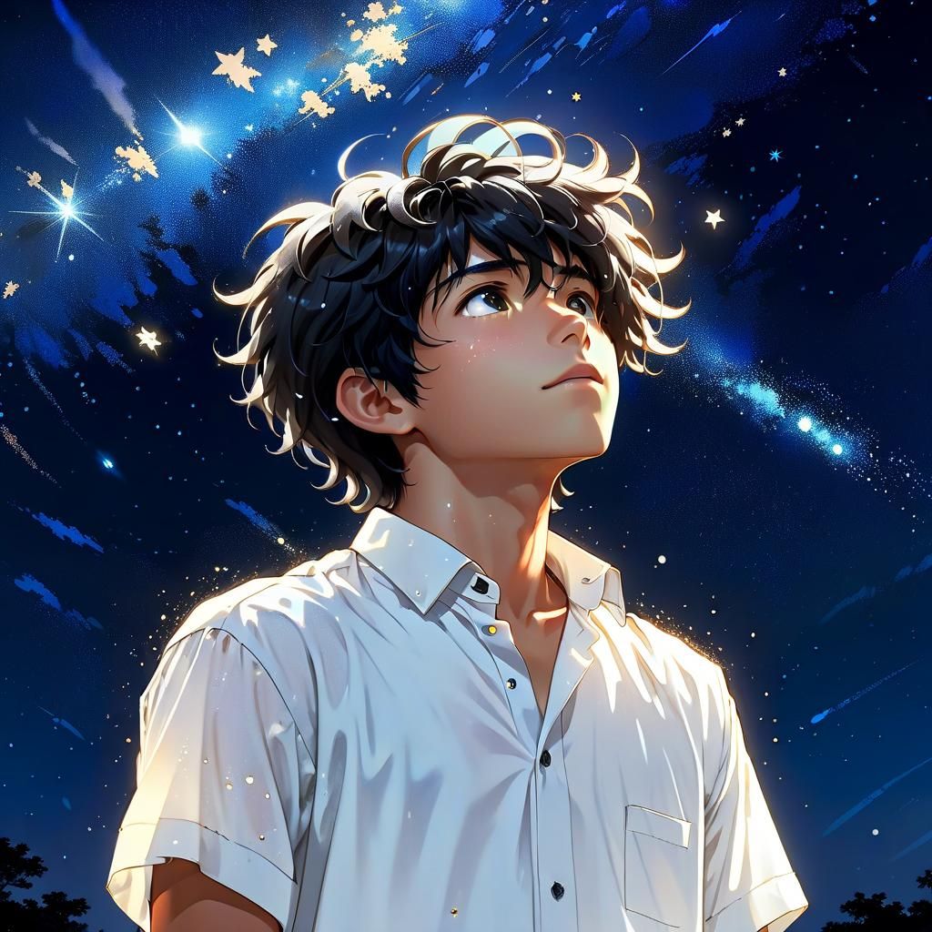 Boy Gazing at the Starry Sky: An Illustration