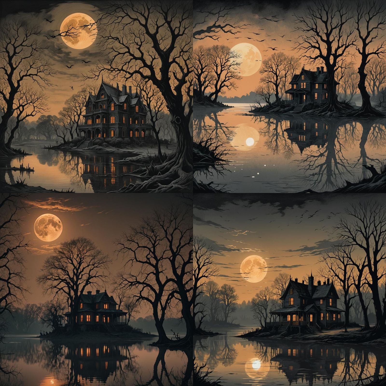 Monochrome Orange House at Night with Moon