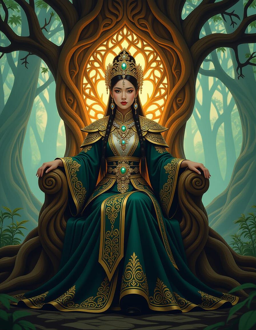 Hmong Queen on Glowing Throne in Ethereal Forest