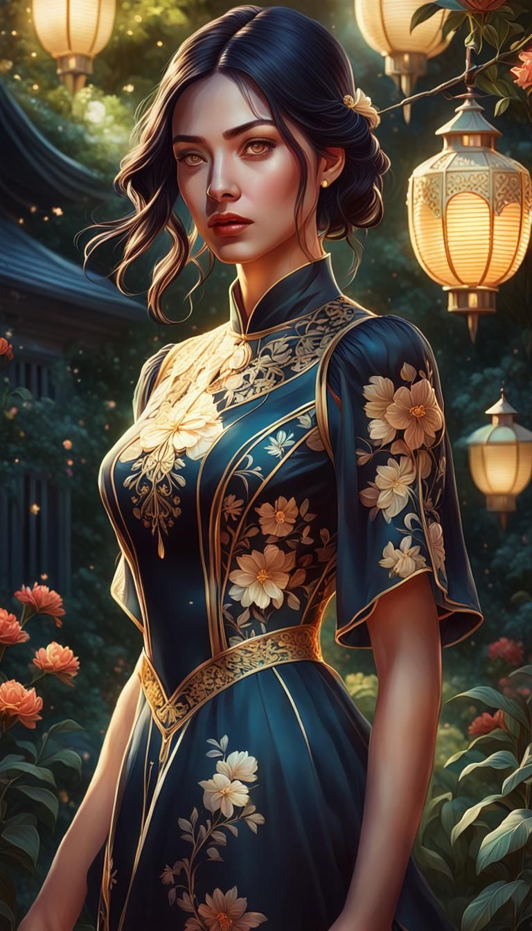 Serene Girl in Garden with Lanterns, as Digital Art