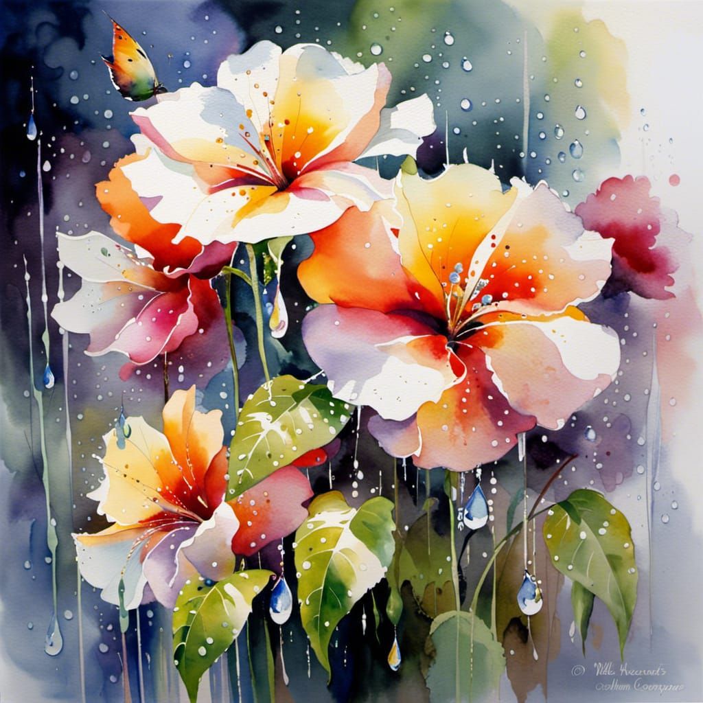Rainy Watercolor Flowers Botanical Art
