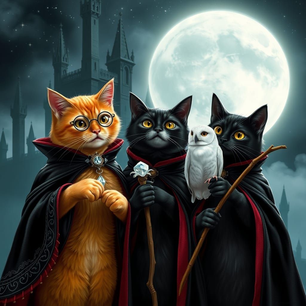 Anthropomorphic Cats Under Moonlight: Gothic Castle Backdrop