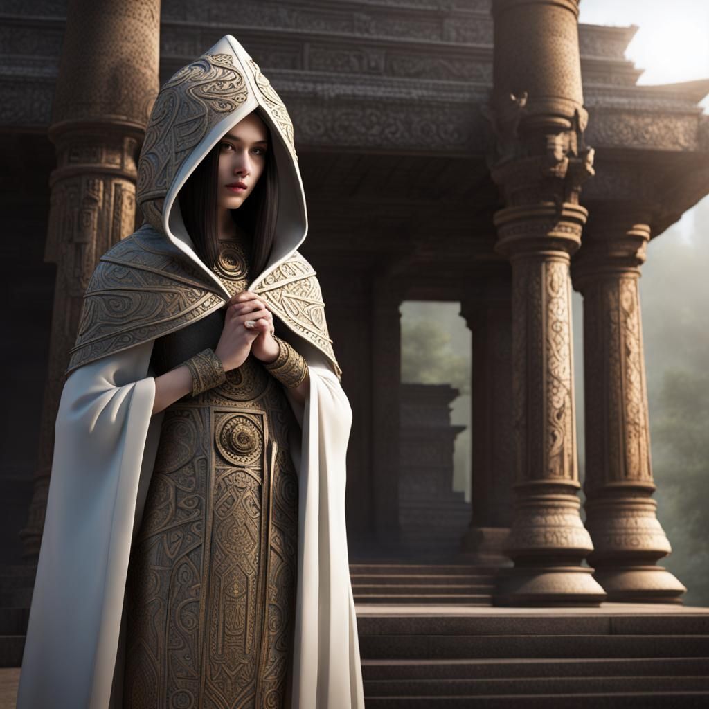 Ancient Temple and Hooded Priestess