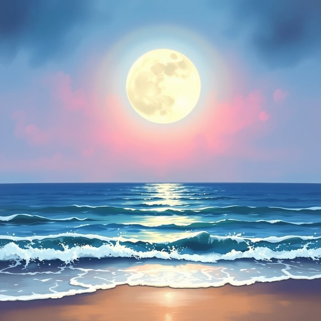 Twilight Seascape with Moon in Impressionistic Style