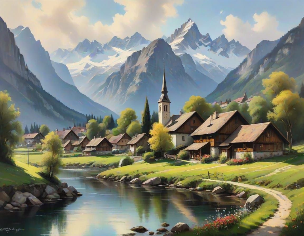 Bucolic Alpine Village in Golden Light