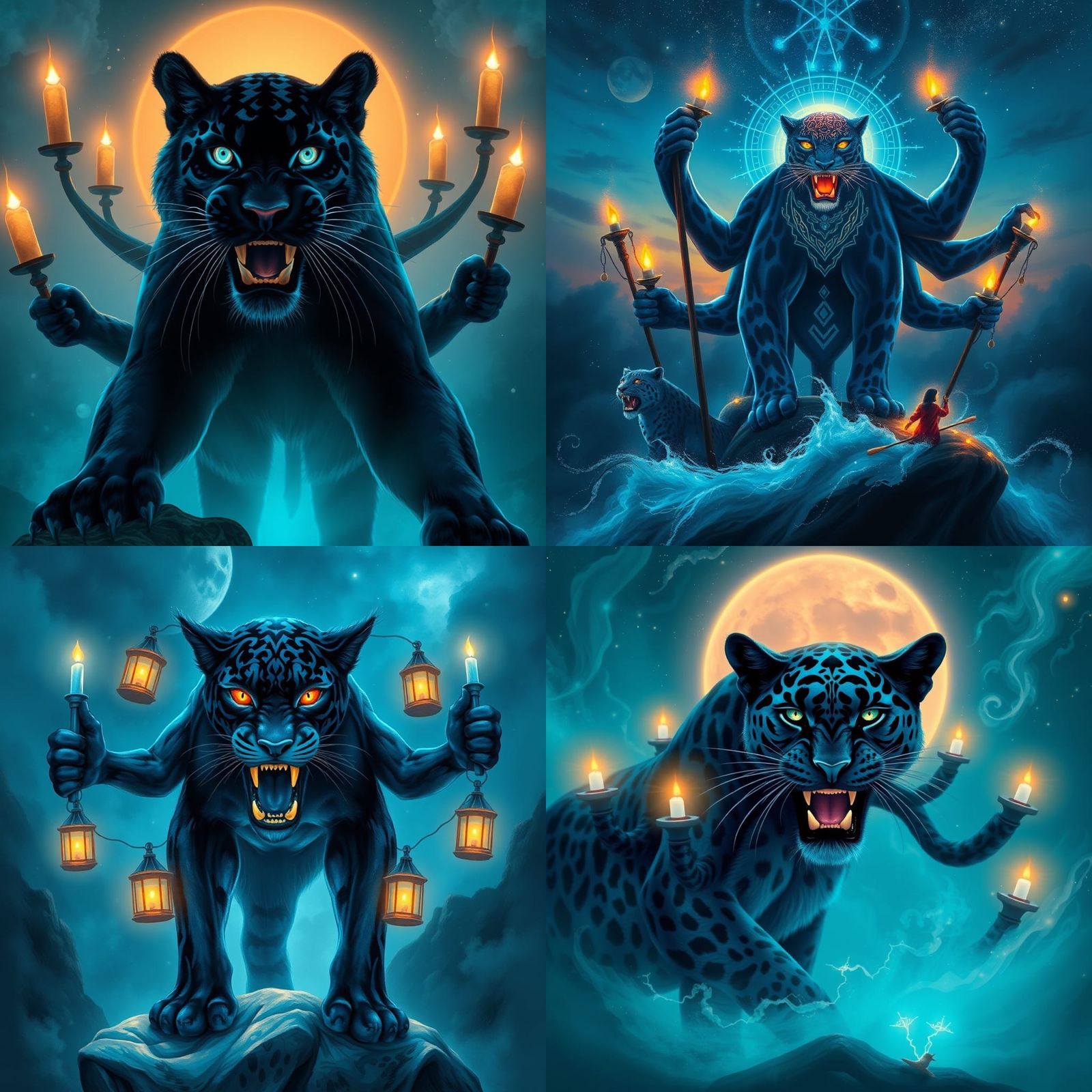 Surreal Six-Armed Blue Panther with Mystic Brain