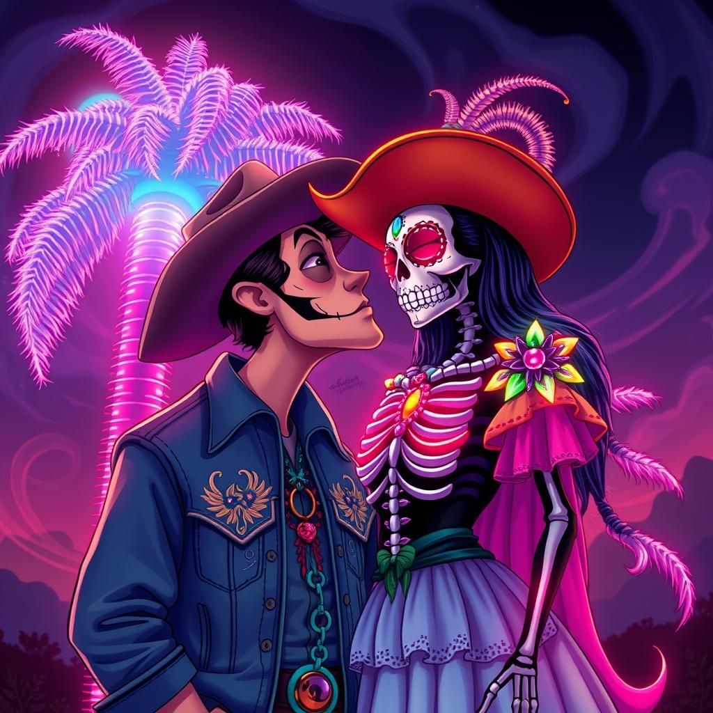 Cowboy and Santa Muerte Kiss Under Neon Palm