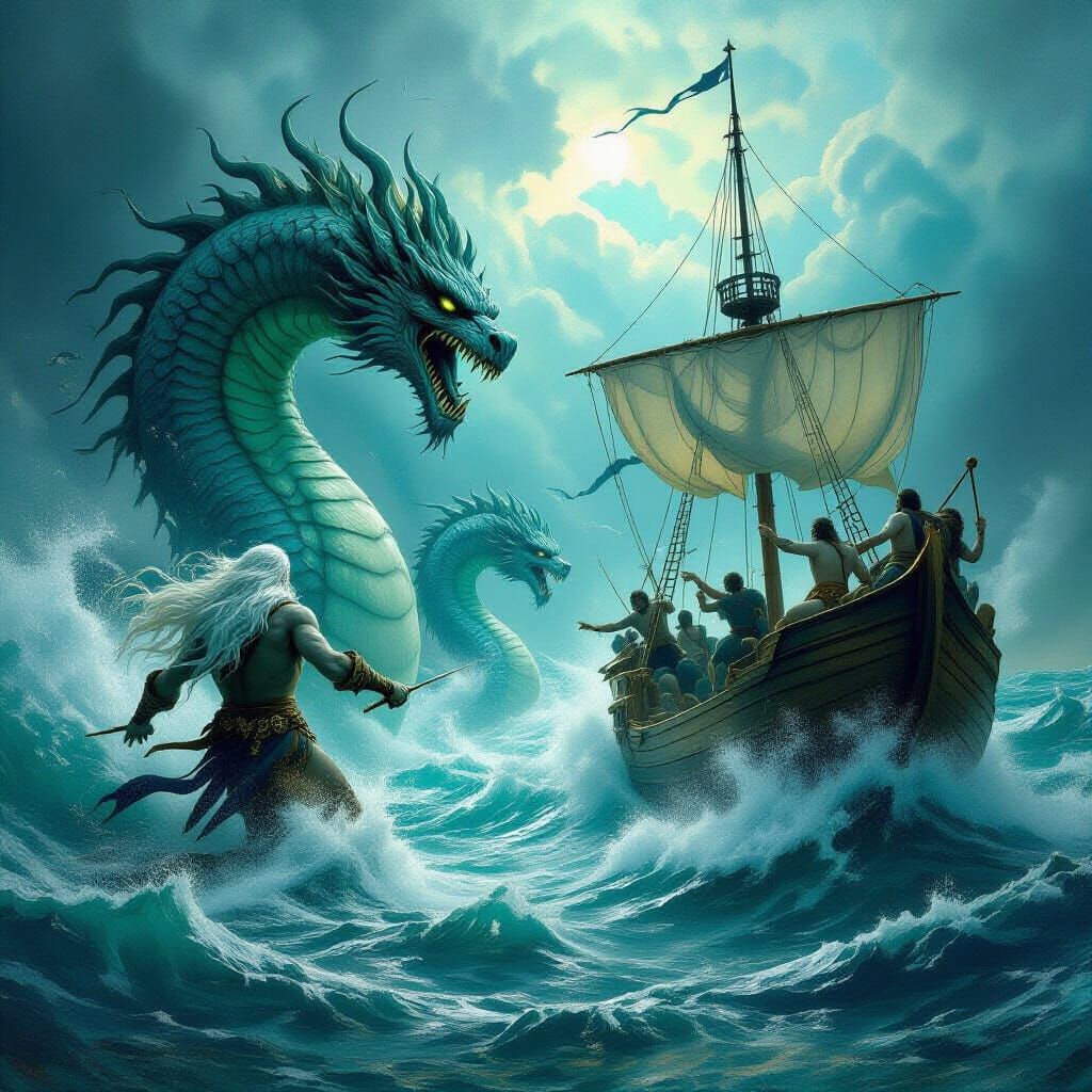 Mythological Sea Monsters Scylla and Charybdis Battle Ship