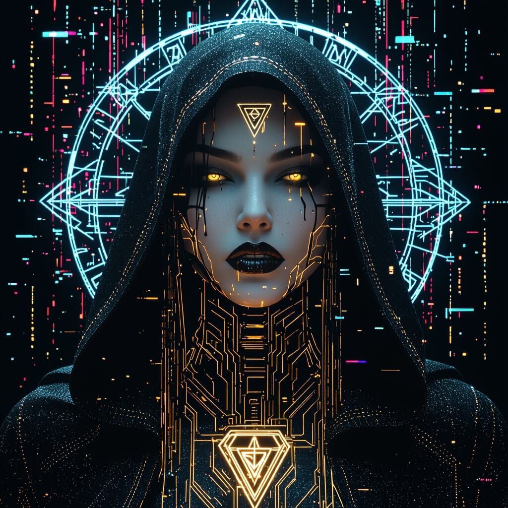 Techno-Sorceress Transmission in Cyberpunk Style