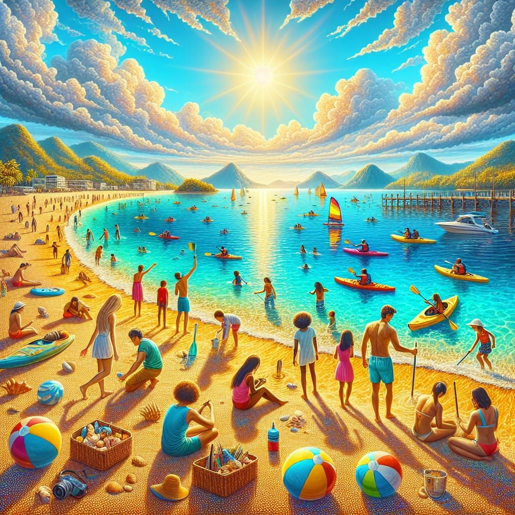 Vibrant Beach Scene with Kayaks and BBQ, DSLR Style