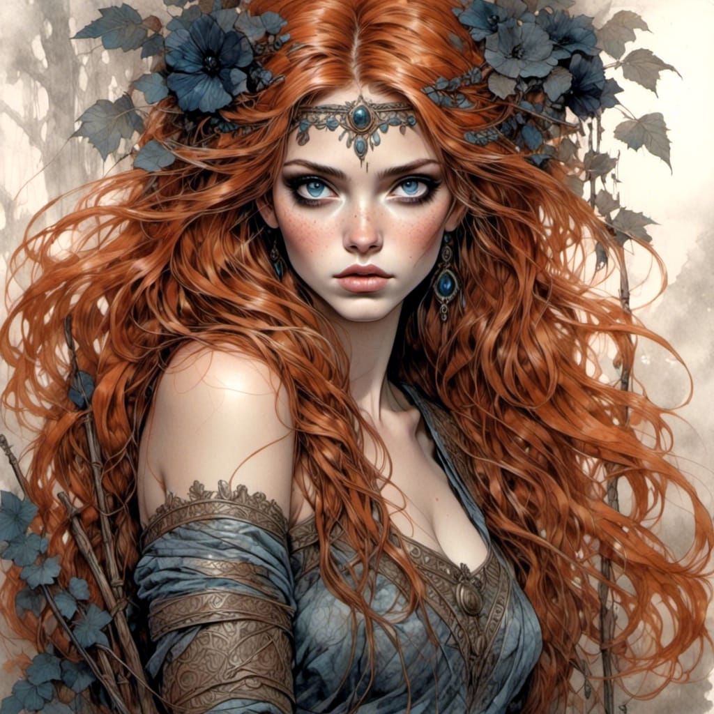 Auburn Enchantress with Staff in Fantasycore Style