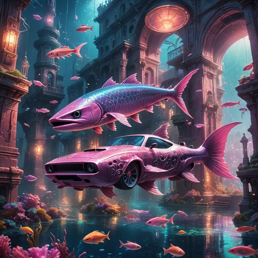 Pink 'Cuda in Underwater City, Pencil Sketch