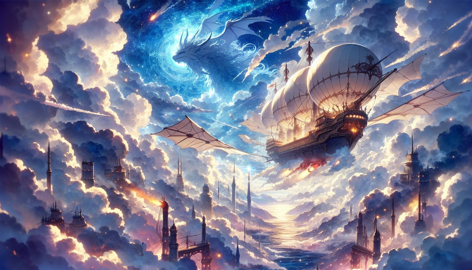 Anime Airship Battles Dragon in Starry Sky