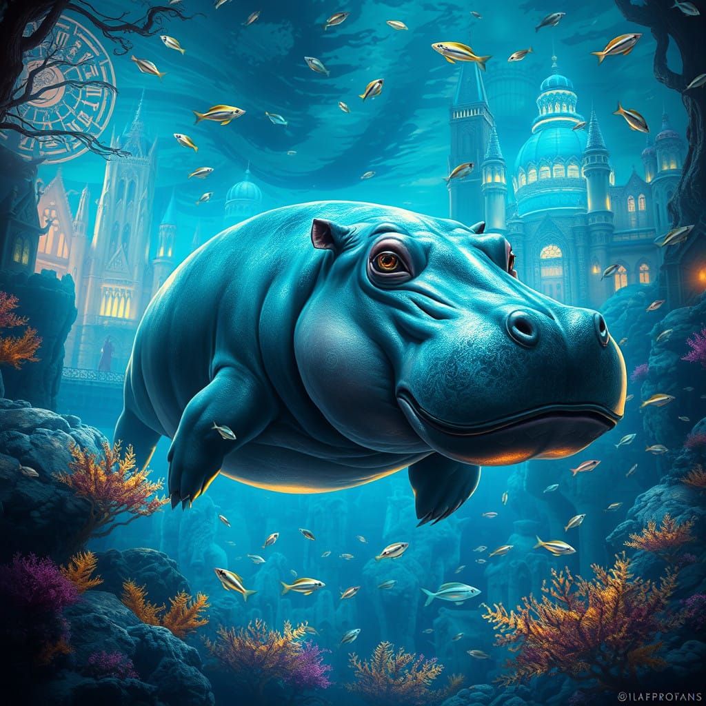 Majestic Hippo-Seal Hybrid in Vibrant Underwater Cityscape