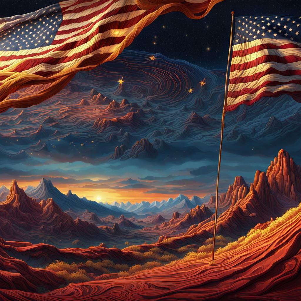 American Flag in Vibrant Fantasy Landscape