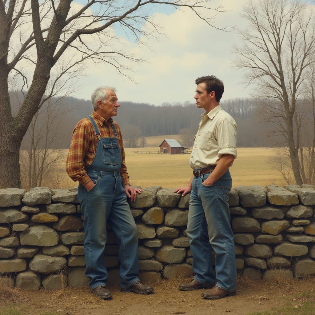 Rural Contemplation: Men by a Stone Wall