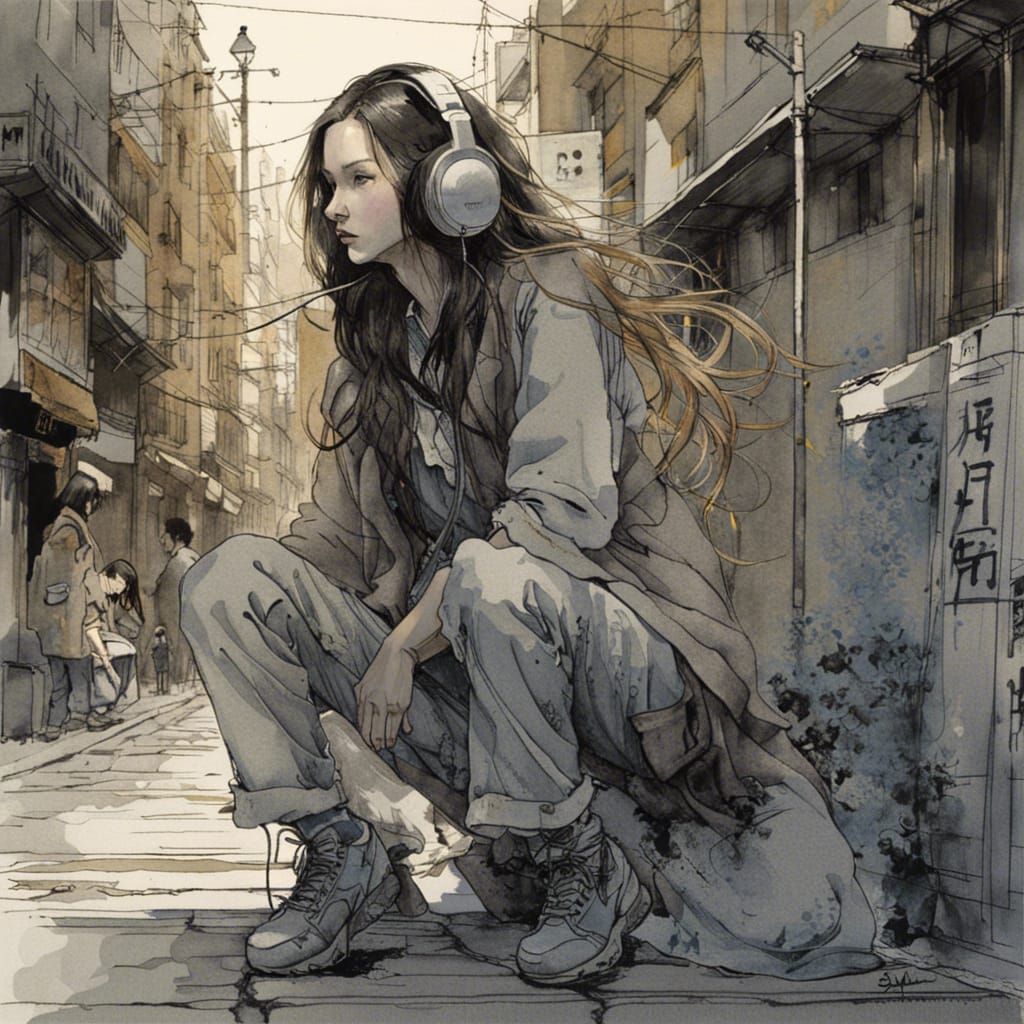 Woman with Headphones in Ink Flow Digital Art