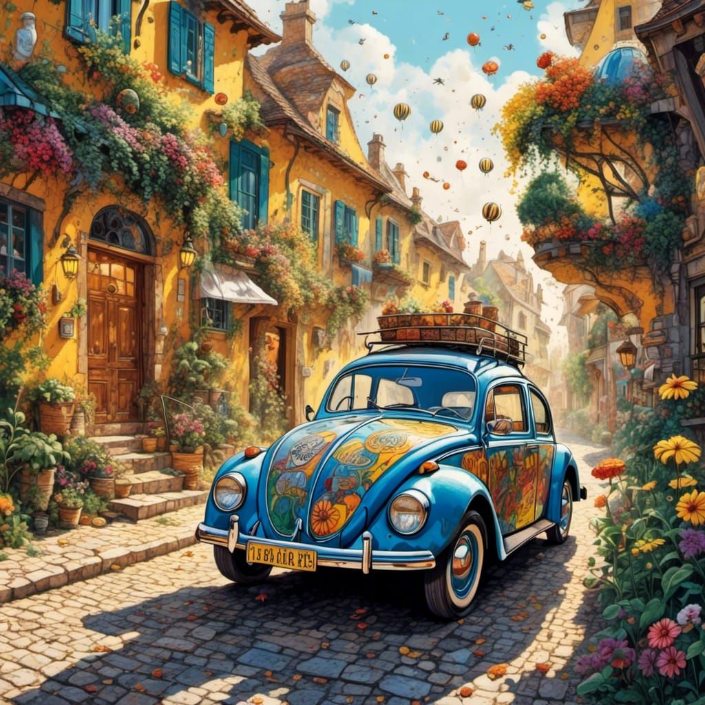 Psychedelic Beetle on Flower Street in Calligraphy