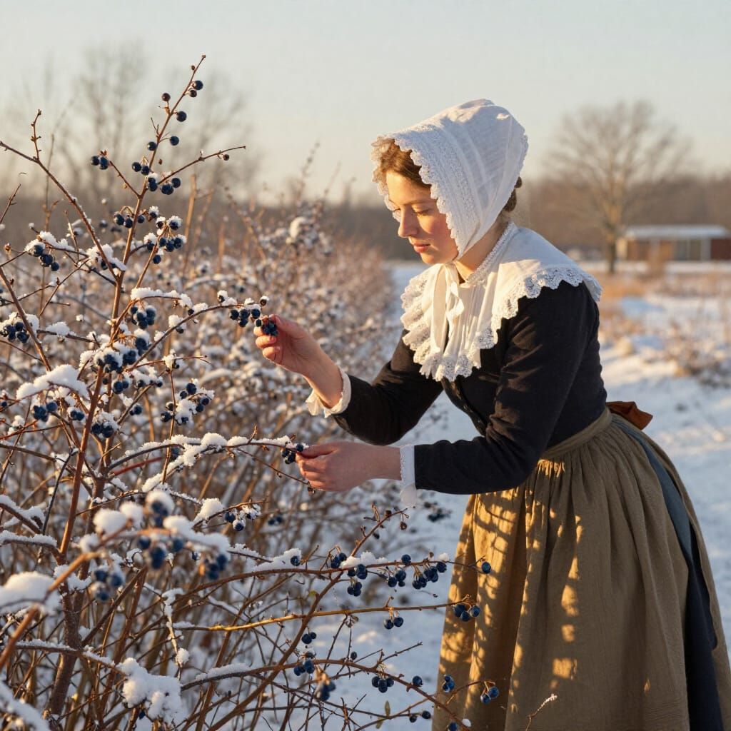 Southern Belle Picks Snow-Dusted Blueberries in Golden Light