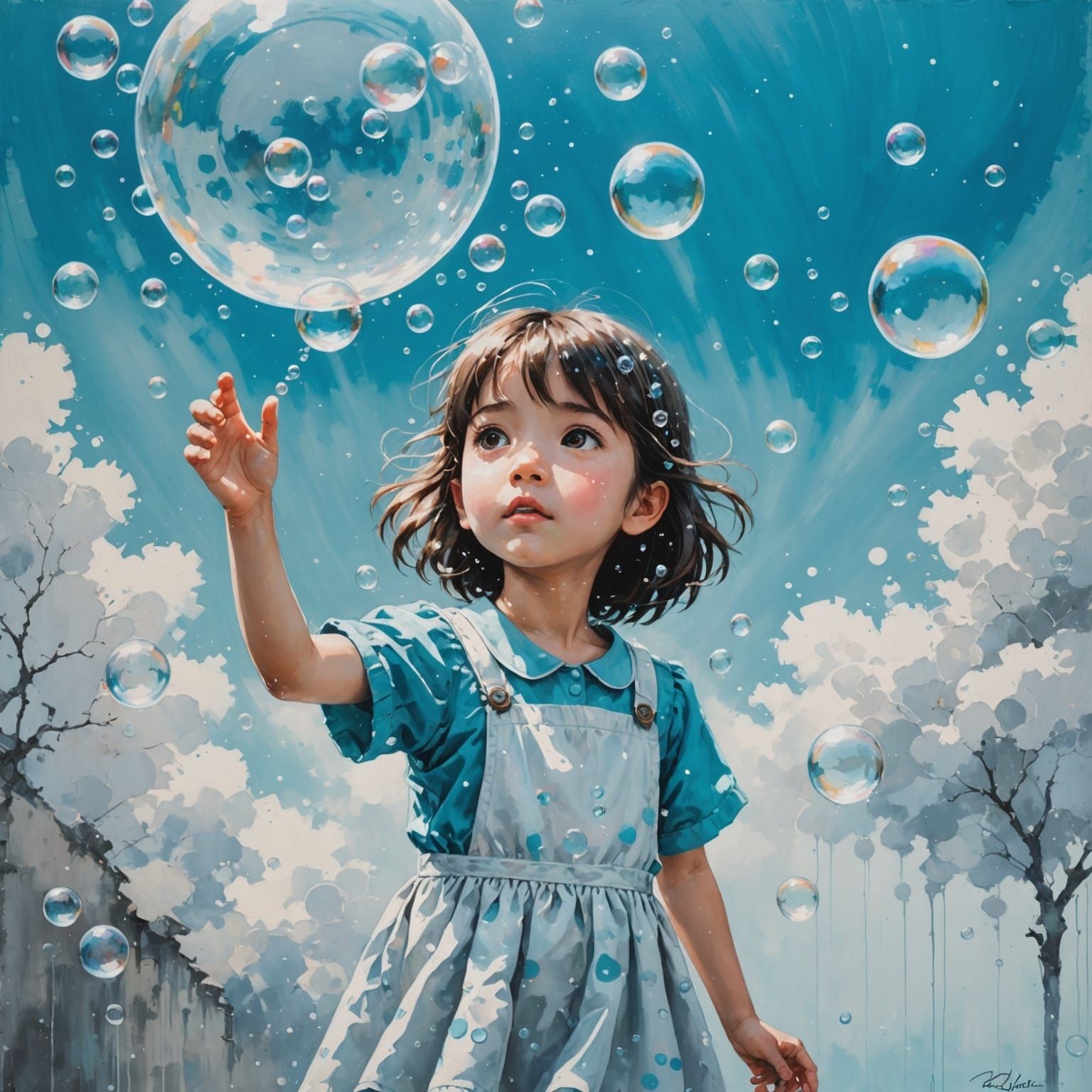 Anime Girl in Bubble Sky: Ghibli-Style Acrylic Painting