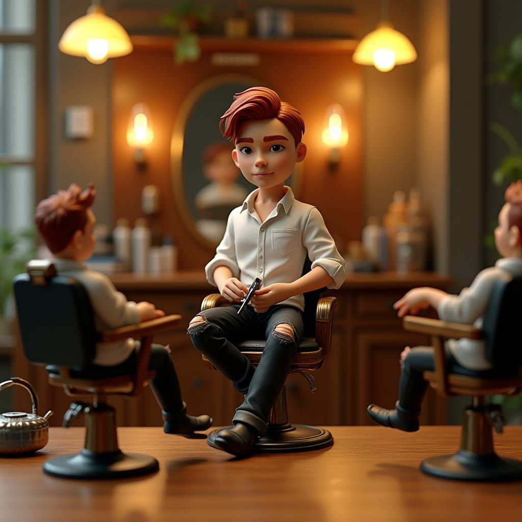 Miniature Barber Shop Diorama with Warm Lighting