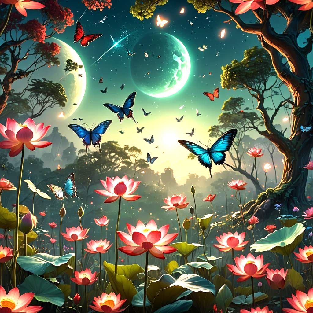 Fantastical Lotus Garden with Butterflies and Birds