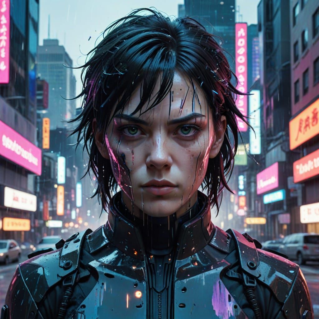 Cyberpunk Samurai Warrior Portrait in Glitch Art Style