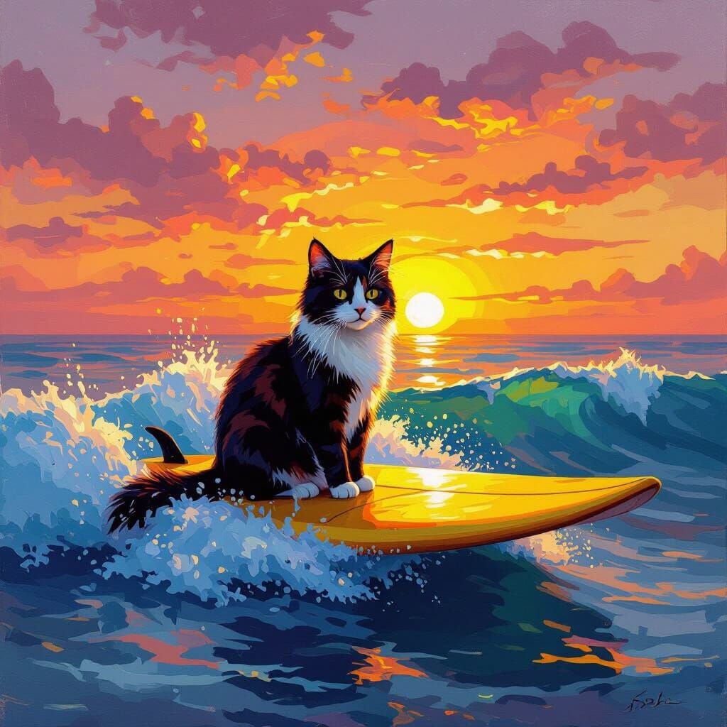 Cat Surfing Sunset Wave in Impressionistic Oil Painting Styl...