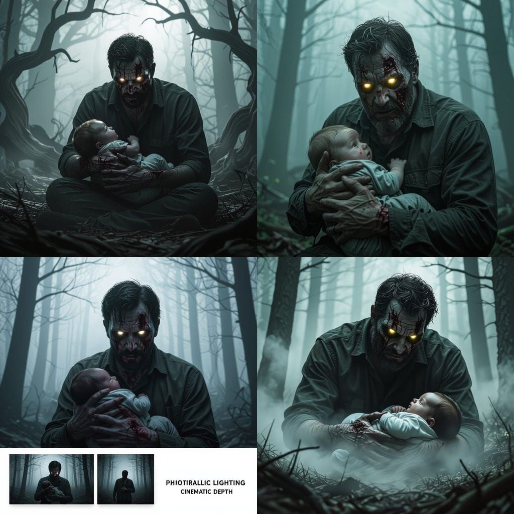 Terrifying Infected Father Holds Baby in Misty Forest
