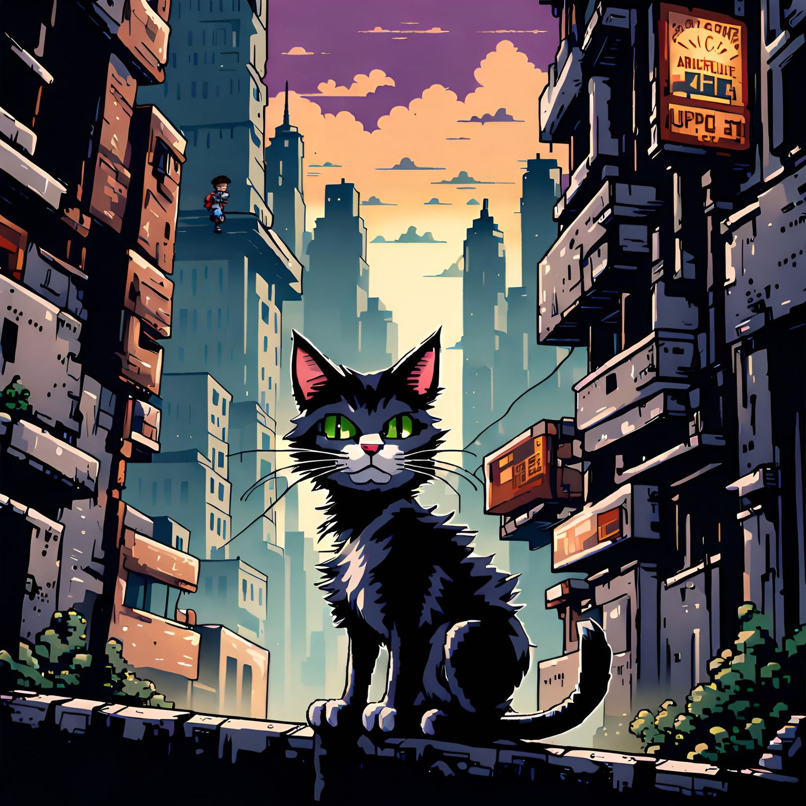 Alley Cat Pixel Art in Abandoned Cityscape