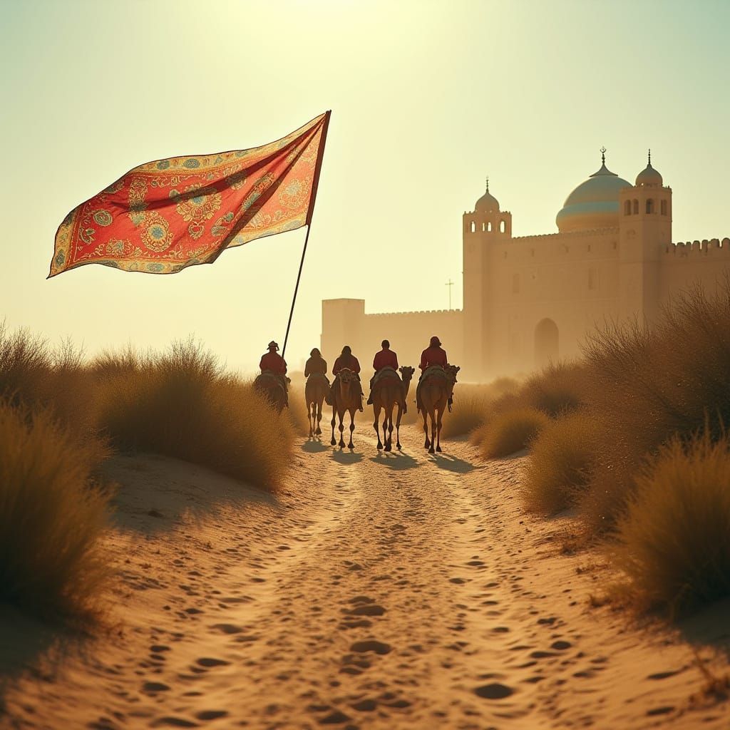 Sandy Path Through Ancient Kyzylkum Desert with Majestic For...