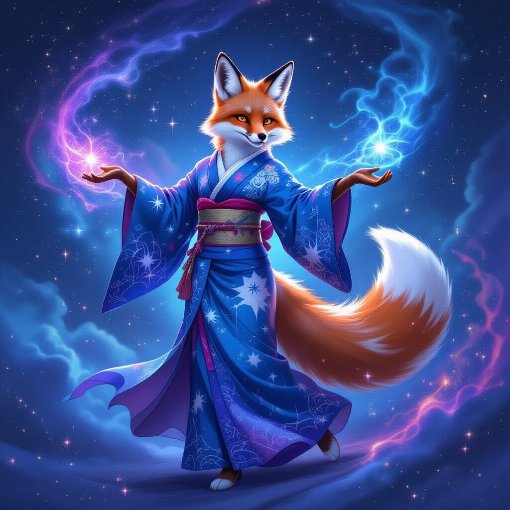 Celestial Fox Dances in Stardust, Fantasy Art