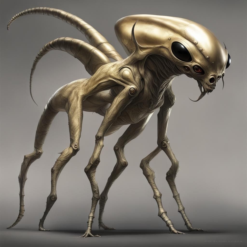 Pale Gold Alien with Bulging Eyes and Stinger Tail