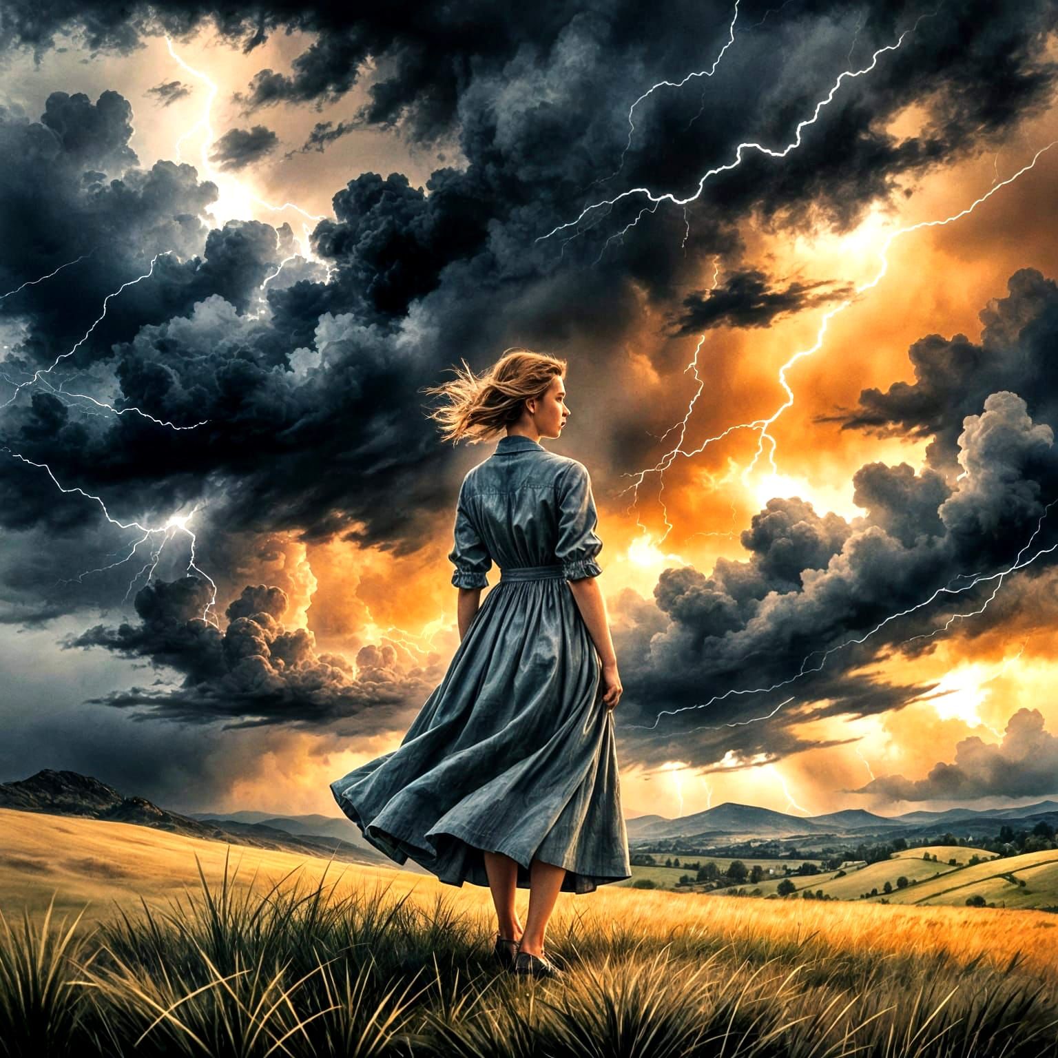 Ethereal Woman Confronts Turbulent Skies in a Vintage Dress
