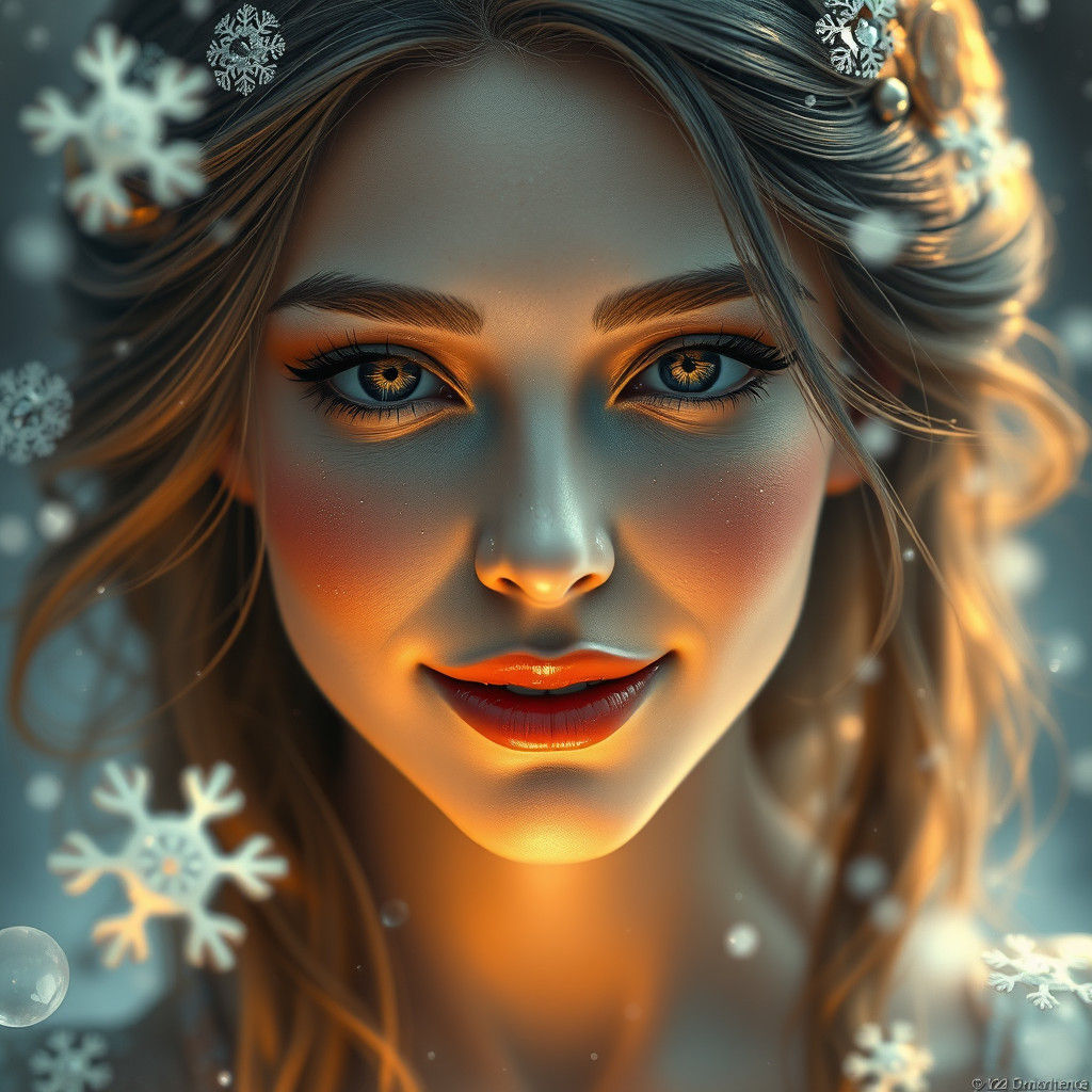 Ethereal Woman with Snowflake Halo, Digital Art