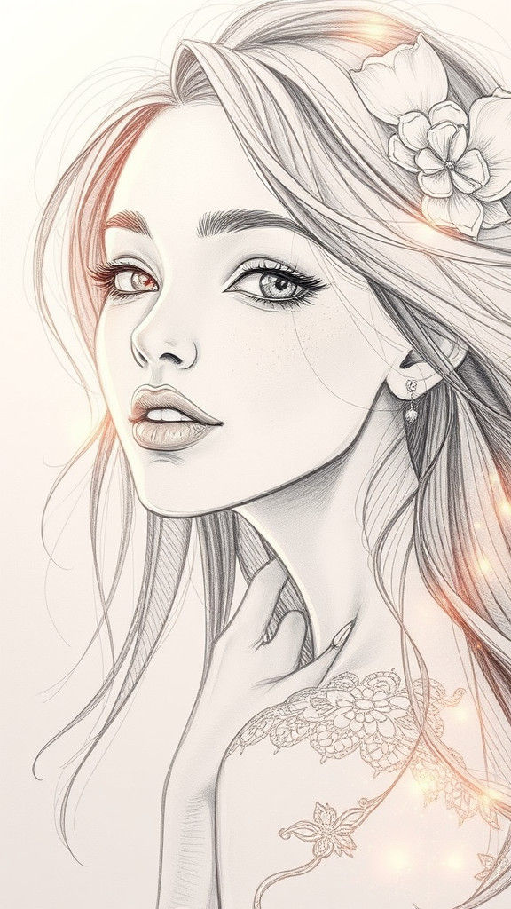 Ethereal Woman: A Shimmering Pencil Sketch