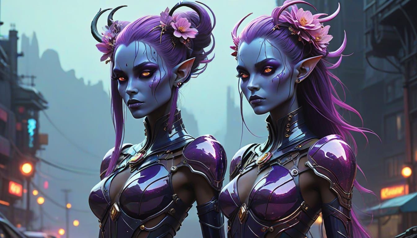 Dark Elf Maiden with Violet Skin and Ultra-Violet Hair in Cy...