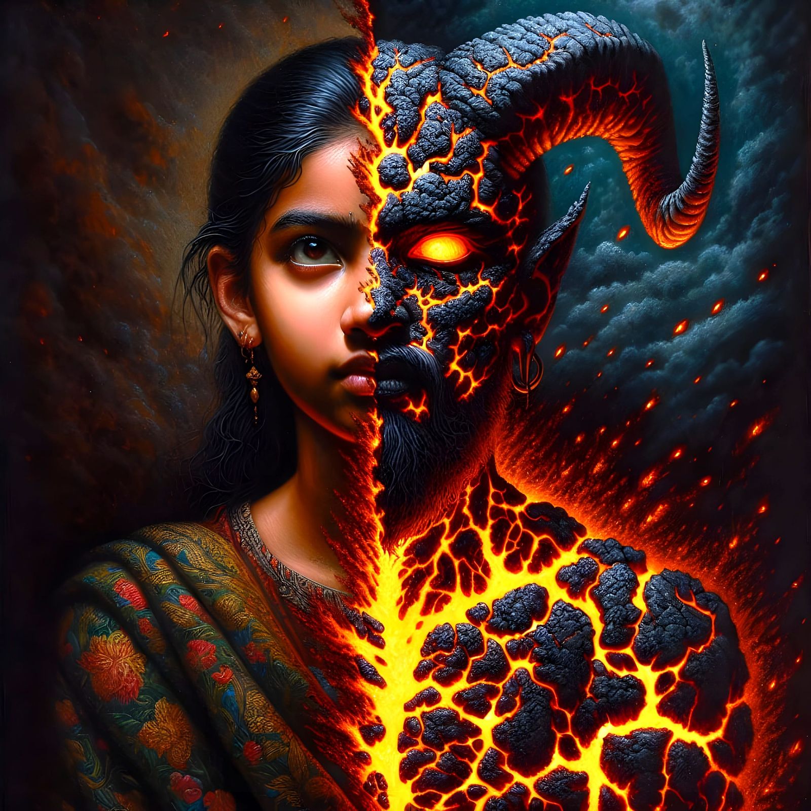 Magma Girl: Split Portrait in Oil Paint