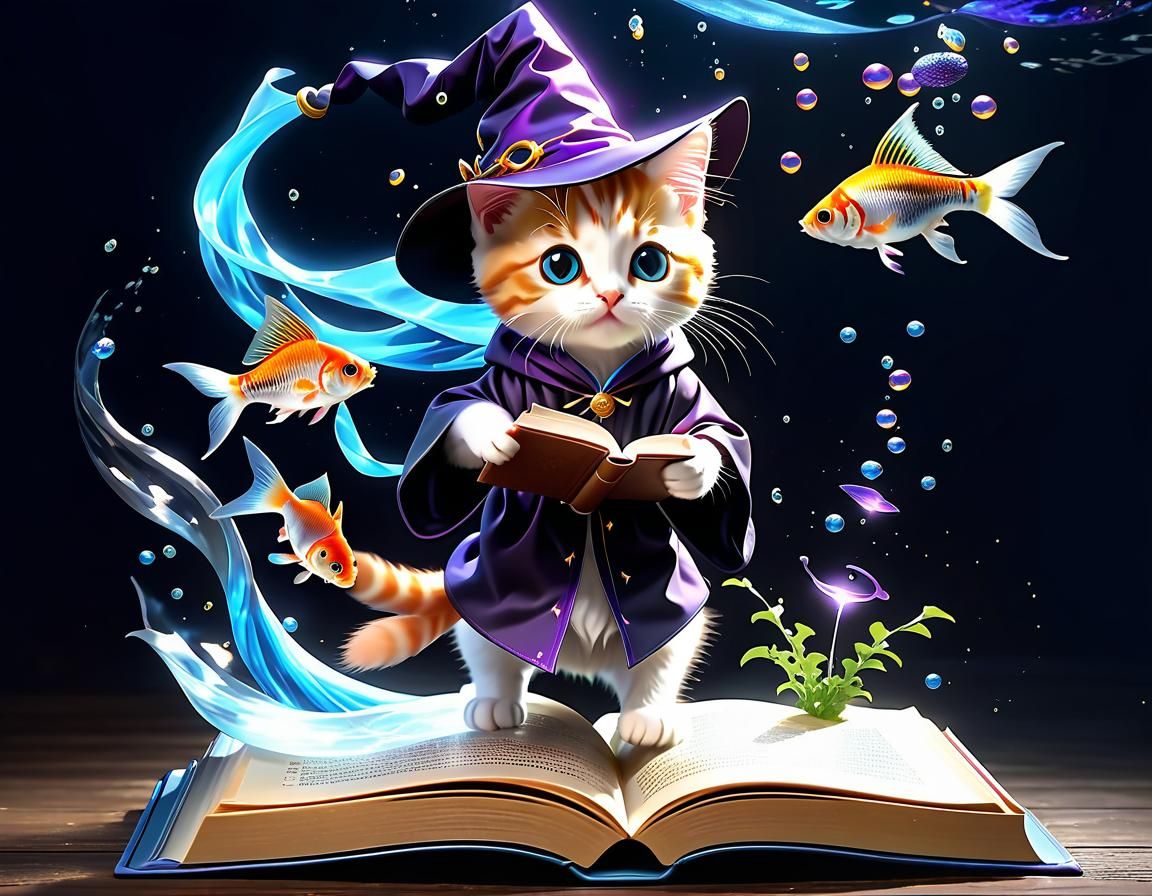 Kitten Wizard Conjures Fish with Magic Spell