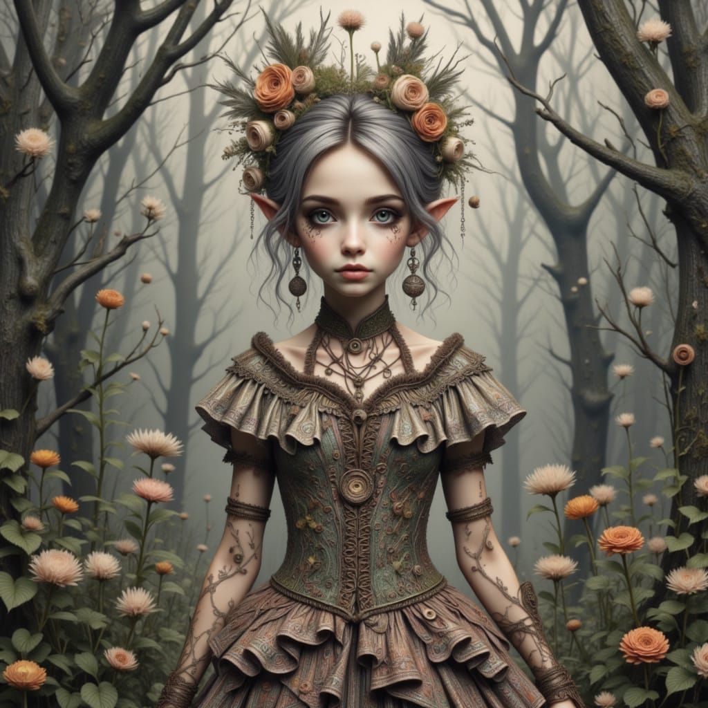 Elf Maiden Surrounded by Enchanted Blossoms in a Misty Fores...