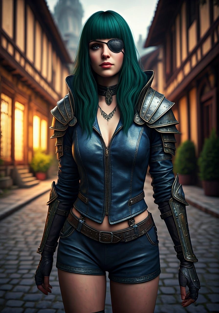 Green-Haired Woman in Armor on Cobblestone Street