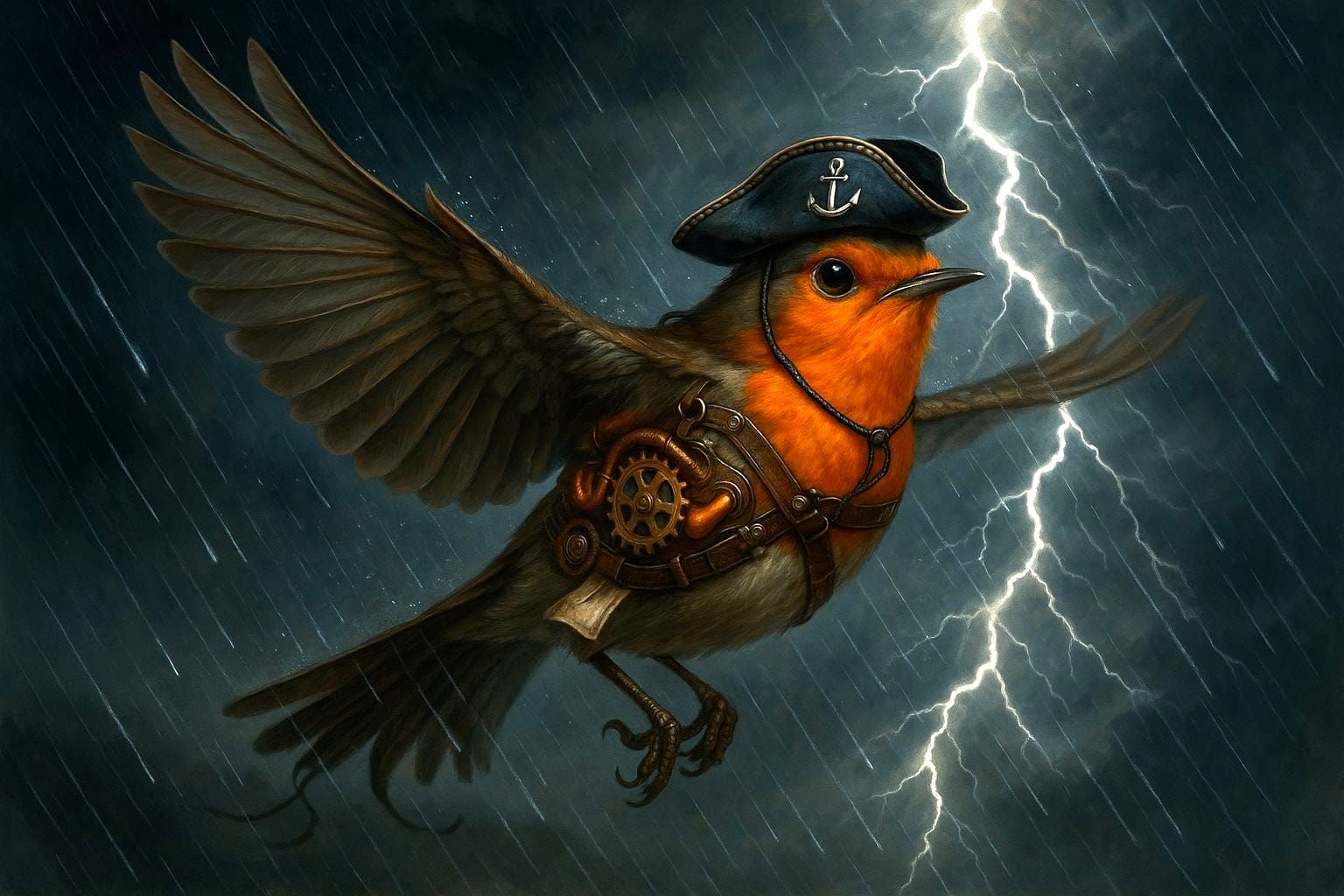 Steampunk Robin Ascends in Torrential Storm