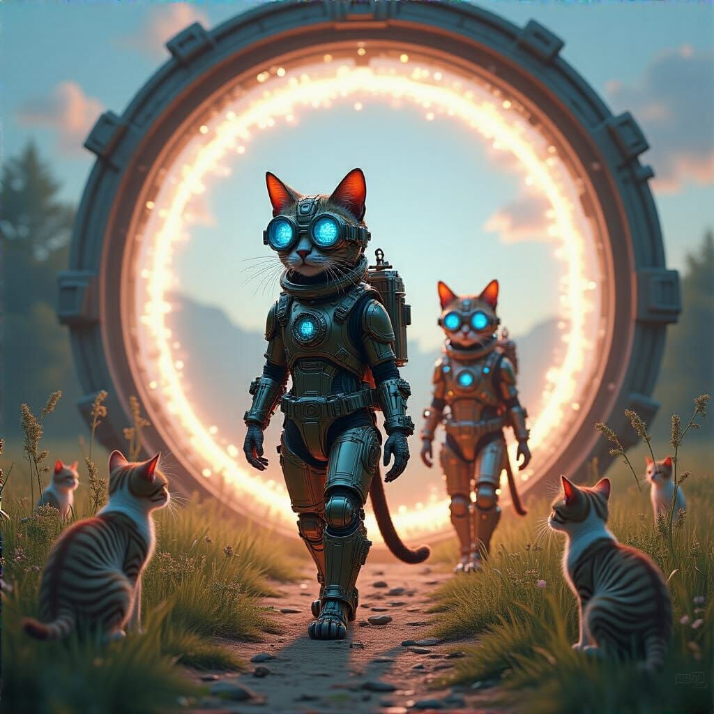 Android Cats Enter Pastoral Landscape Through Time Portal
