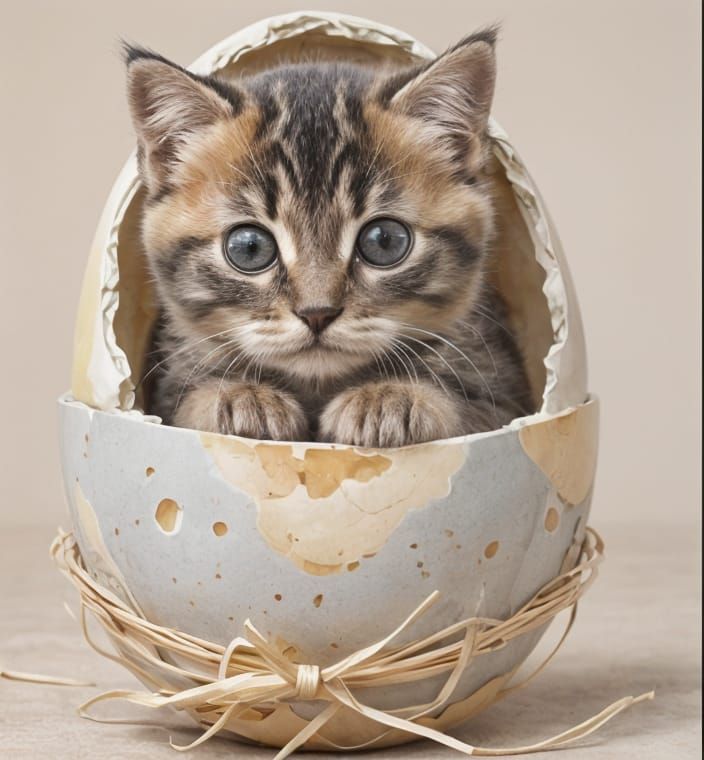 Tortoiseshell Kitten Cuddled in a Pale Egg